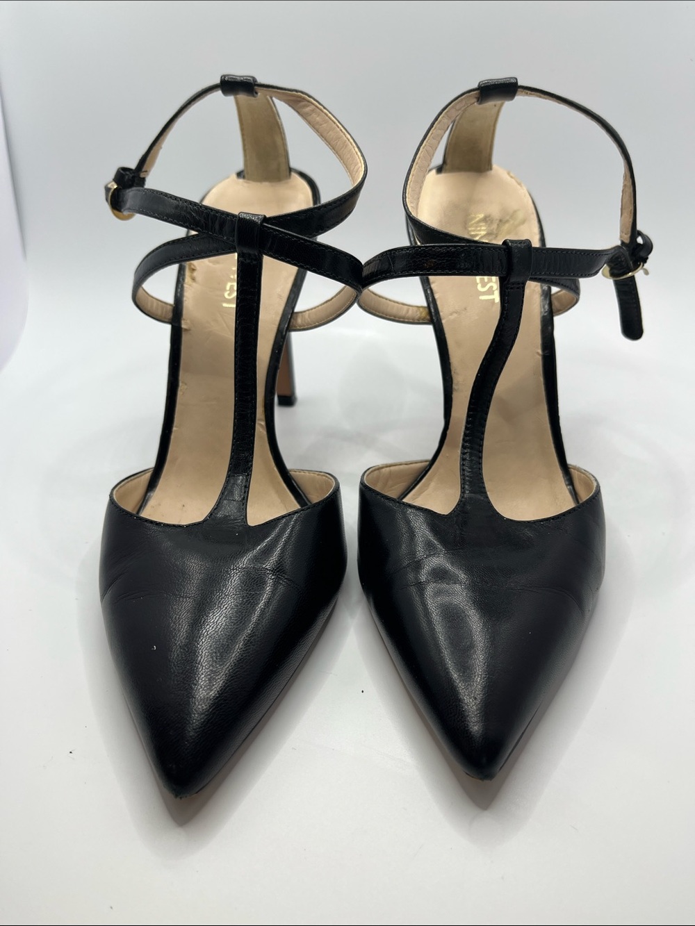 Nine West Black Leather T-Strap Pointed-Toe Heels